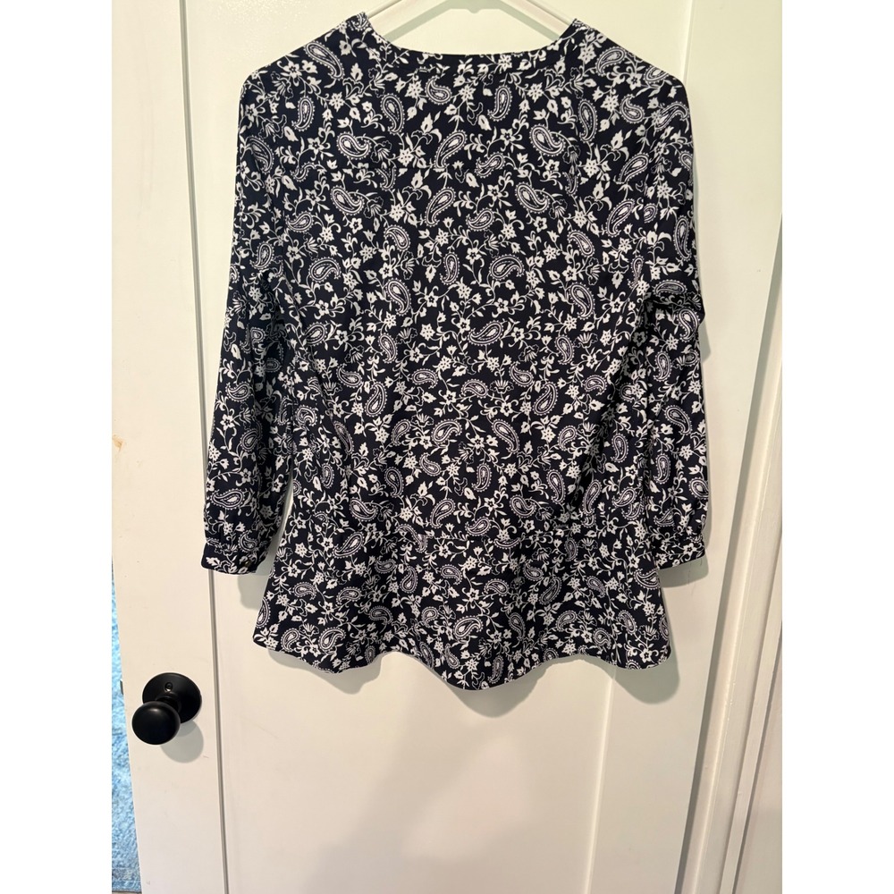 Tommy Hilfiger Navy Blue White Paisley Pleated Peplum Blouse 3/4 Sleeve Small